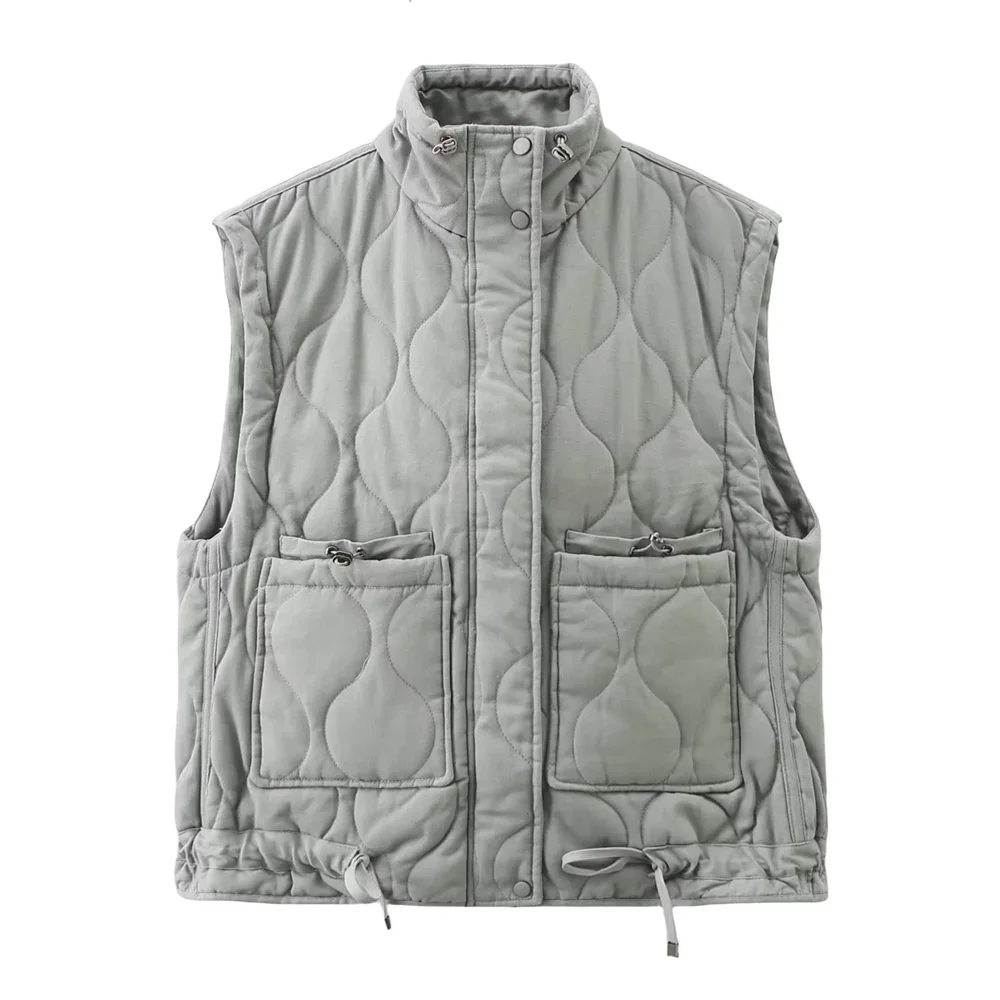 New women's versatile sleeveless stand up collar pocket decoration vest cotton vest loose shoulder jacket-belleandkai.com