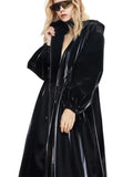 Mauroicardi Spring Waterproof Shiny Reflective Black Hard Patent Faux Leather Coat Women with Detachable Hood Zip Up Streetwear-belleandkai.com
