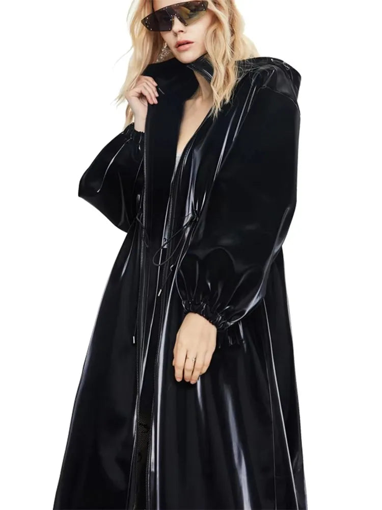 Mauroicardi Spring Waterproof Shiny Reflective Black Hard Patent Faux Leather Coat Women with Detachable Hood Zip Up Streetwear-belleandkai.com