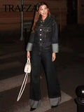 TRAFZA 2024 Autumn Female Vintage Denim Suit Long Sleeve Single Breasted Lapel Coat+High Waist Wide Leg Jeans Street Fashion Set-belleandkai.com