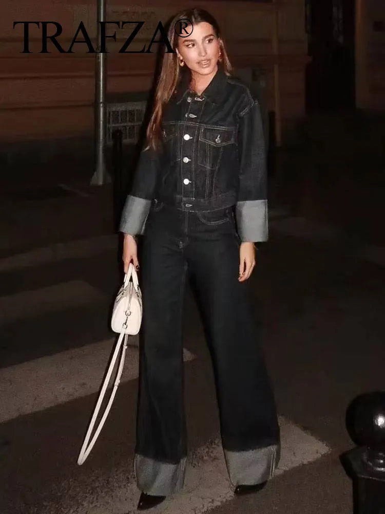TRAFZA 2024 Autumn Female Vintage Denim Suit Long Sleeve Single Breasted Lapel Coat+High Waist Wide Leg Jeans Street Fashion Set-belleandkai.com