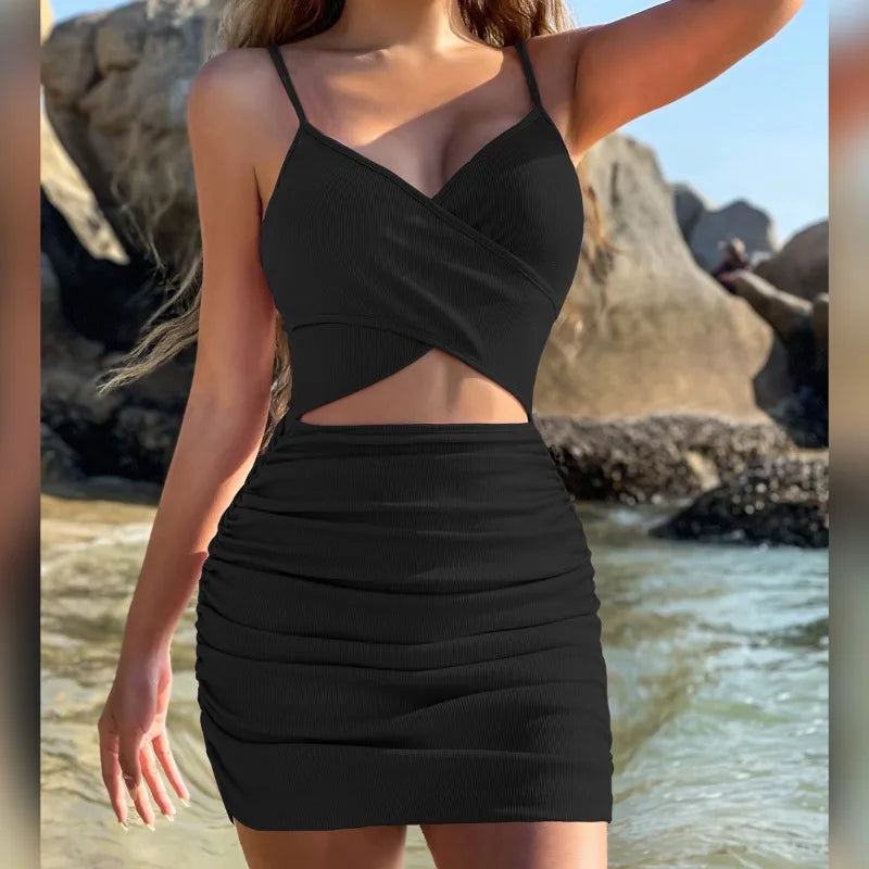 Women Sexy Cutout Bodycon Dress Euro Style Cross Back Straps Hollow Out Nightclub Party Evening Outfit Slim Fit Stretchy Dress-belleandkai.com