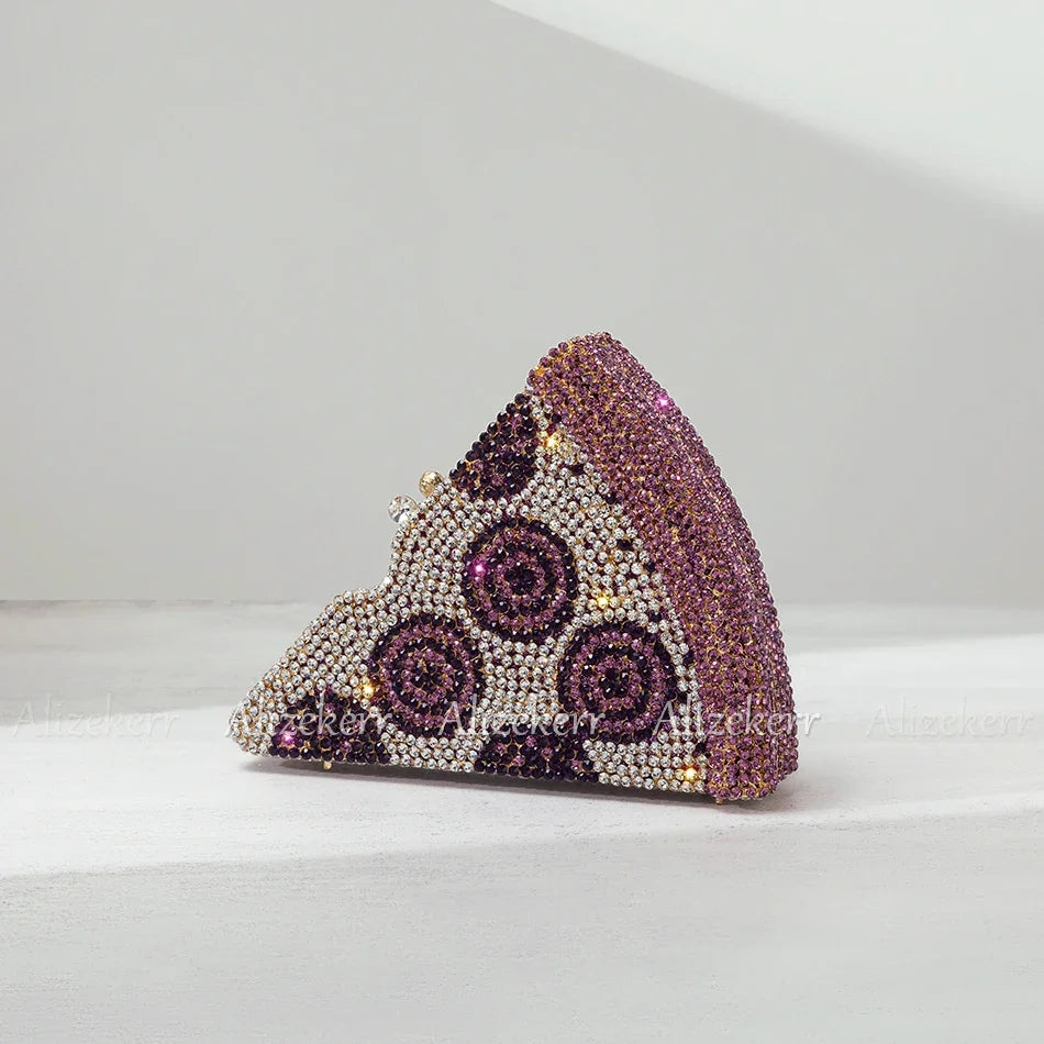 Alizekerr Pizza Shaped Diamond Evening Clutch Bags 2024 New Gorgeous Unique Metallic Watermelon Rhinestone Purses Wedding Party-belleandkai.com