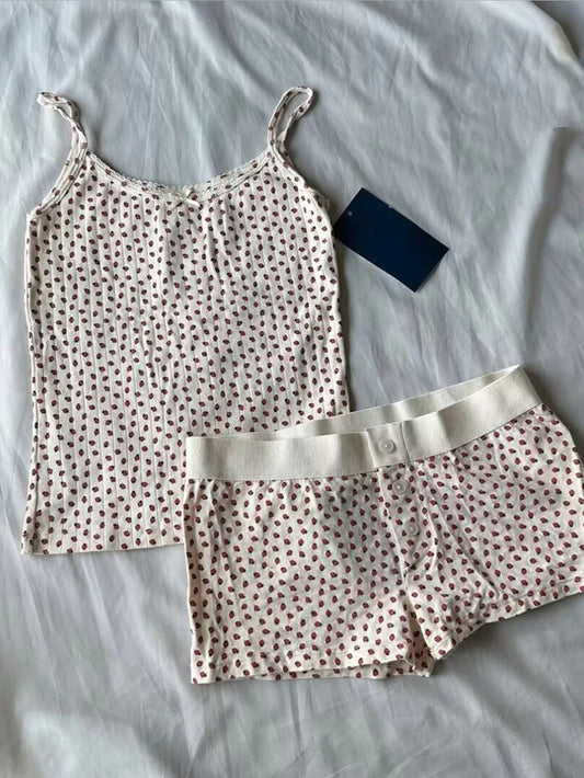 Strawberry Vest Shorts 2 Pieces Set Woman Eyelet Bow Slim Tank Top with Elastic Waist Patchwork Straight Short Pant Sweet Sets-belleandkai.com