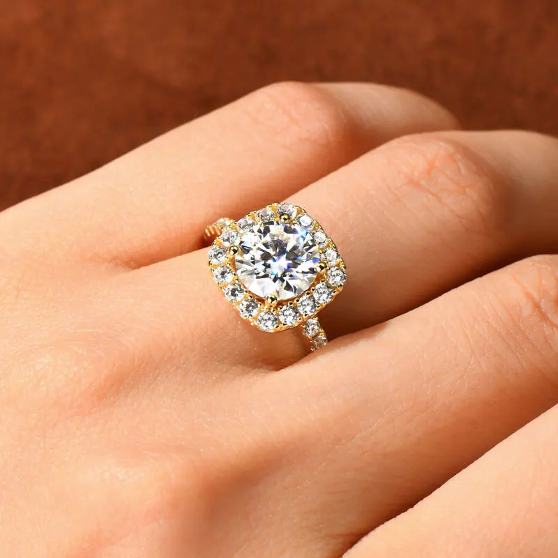 Anziw Real 2CT 8mm Round Moissanite Square Ring 925 Sterling Silver Luxury Brilliant Diamond Wedding Finger Rings Band For Women-belleandkai.com