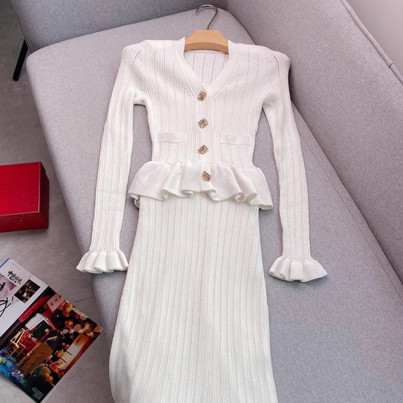 YuooMuoo Brand Fashion One-piece Knitted Maxi Dress Women Elegant V-neck Ruffled Slim Waist Bodycon Sweater Dress Party Vestido-belleandkai.com