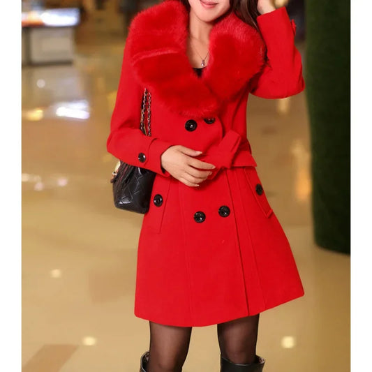 New Autumn Winter Women's Woolen Coat Mid-Length Korean Style Faux Fur Collar Sweater Material Outerwear Fashionable Ladies' Jac-belleandkai.com