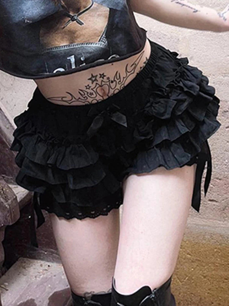 AltGoth Mall Goth Lolita Lace Shorts Women Aesthetic Cute Sweet Bow Patchwork Shorts Y2k E-girl Emo Alternative Kawaii Outfits-belleandkai.com
