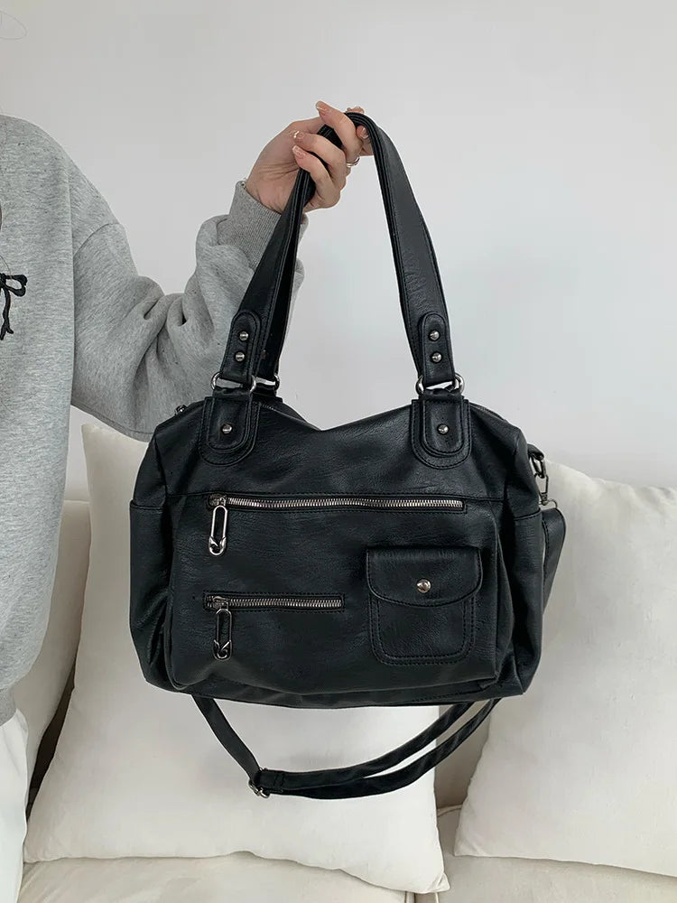 Classic Retro Business Trip Luggage Bag Travel Bag Large Capacity Portable Shoulder Tote Bag Multi-Zipper Motorcycle Crossbody Bag for Women-belleandkai.com