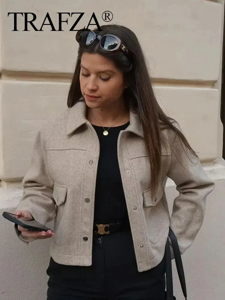 TRAFZA 2024 Autumn Winter Female Street Fashion Solid Jackets Causal With Pockets Button Down Turn Down Collar Elegant Coats-belleandkai.com