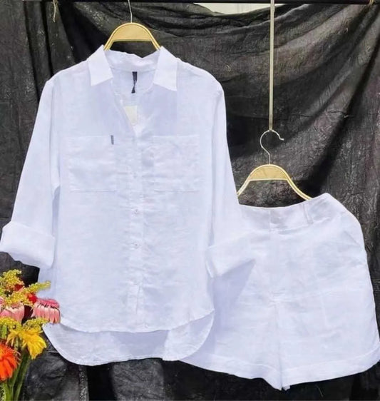 Fashion White Long Sleeve Shirt And Shorts Two Piece Sets Women 2025 Summer Cotton Linen Casual Home 2 Piece Set For Women-belleandkai.com