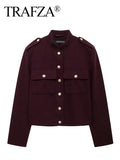 Women Vintage Wine Red Coat O Neck Long Sleeve Single Breasted Jacket With Pockets Autumn Casual Office Lady Outerwear-belleandkai.com