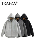 TRAFZA Autumn Women Gray Jacket With Hood Long Sleeve Big Pocket Zipper Jacket Coat Woman Loose Casual Outerwear Coat Tops-belleandkai.com