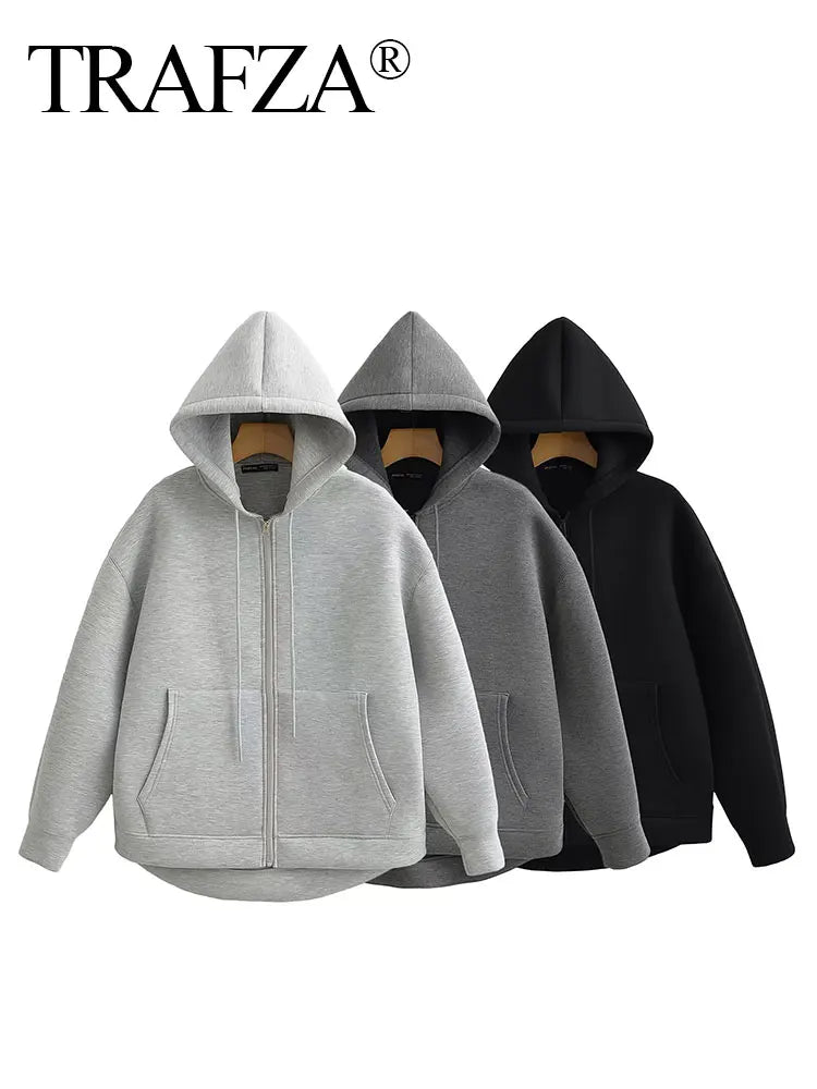 TRAFZA Autumn Women Gray Jacket With Hood Long Sleeve Big Pocket Zipper Jacket Coat Woman Loose Casual Outerwear Coat Tops-belleandkai.com