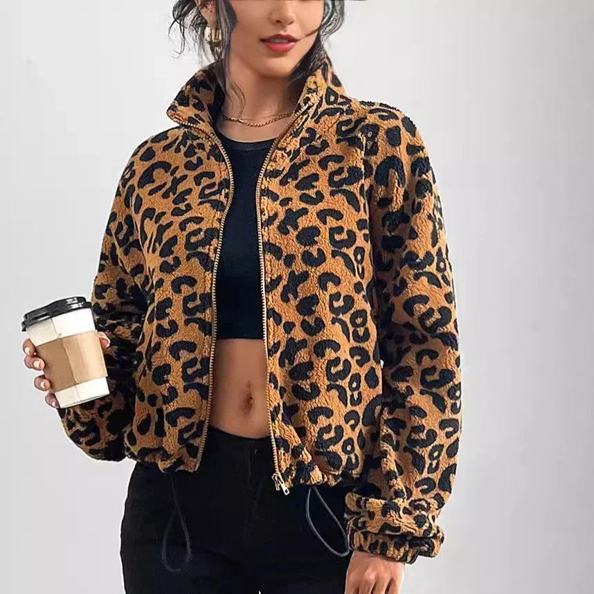 Flash Fleece Loose Cardigan Zipper Leopard Print Plush Autumn Winter New Arrival Women's Outerwear Thickened Long Sleeve Coat-belleandkai.com