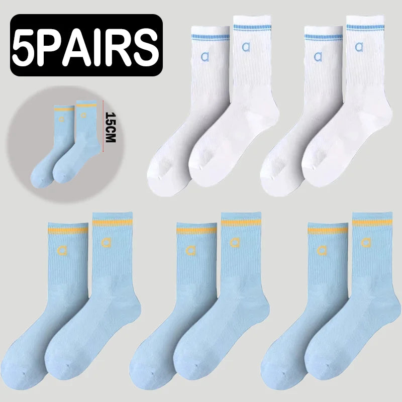 5 Pairs A* Premium Cotton Breathable Comfy Mid-Tube Unisex Socks for Sports Yoga Fitness All Season Pure White Couple Matching-belleandkai.com
