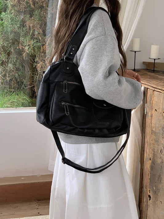 Classic Retro Business Trip Luggage Bag Travel Bag Large Capacity Portable Shoulder Tote Bag Multi-Zipper Motorcycle Crossbody Bag for Women-belleandkai.com