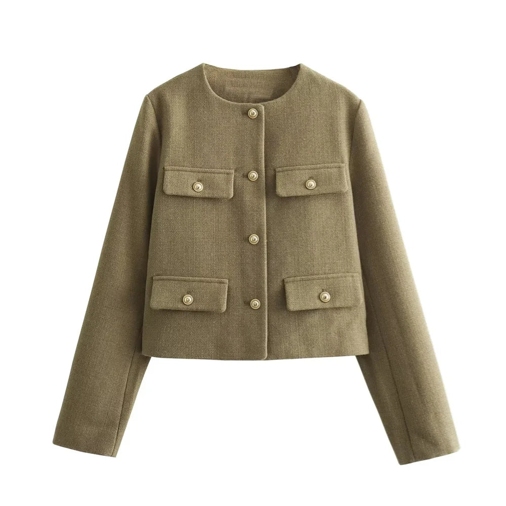 UNIZERA Winter New Product Women's Fashion and Casual Versatile Round Neck Flip Decoration Short Suit Coat-belleandkai.com