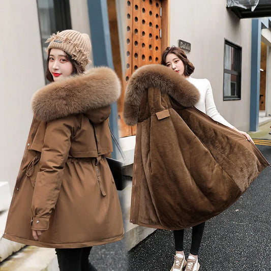 Women Parka Fashion Long Coat Wool Liner Hooded Parkas 2023 New Winter Jacket Slim with Fur Collar Warm Snow Wear Padded Clothes-belleandkai.com