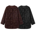 BSK&TRAF2025 Autumn New Women's Solid Color Retro Large Pocket Round Neck Long Sleeve Loose Quilted Cotton Jacket Coat-belleandkai.com