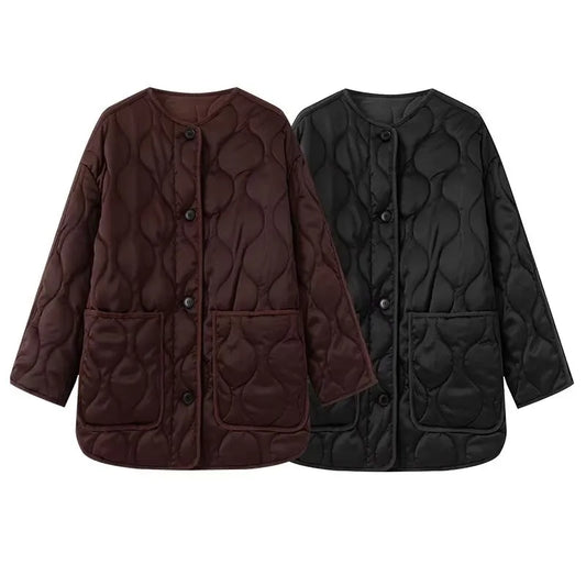 BSK&TRAF2025 Autumn New Women's Solid Color Retro Large Pocket Round Neck Long Sleeve Loose Quilted Cotton Jacket Coat-belleandkai.com