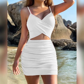 Women Sexy Cutout Bodycon Dress Euro Style Cross Back Straps Hollow Out Nightclub Party Evening Outfit Slim Fit Stretchy Dress-belleandkai.com