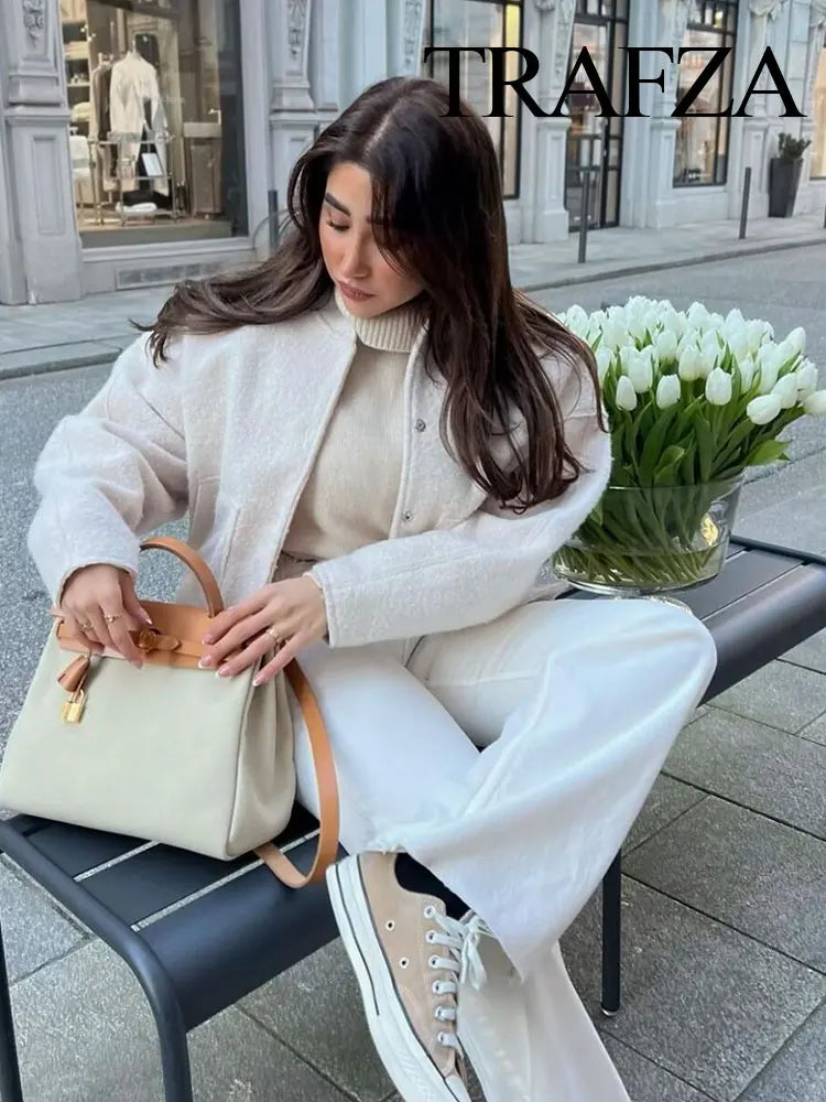 TRAFZA 2025 Women's Winter Street Jacket Solid Color Pocket Single-Breasted Jacket Women's Versatile Casual Jacket Cardigan Top-belleandkai.com