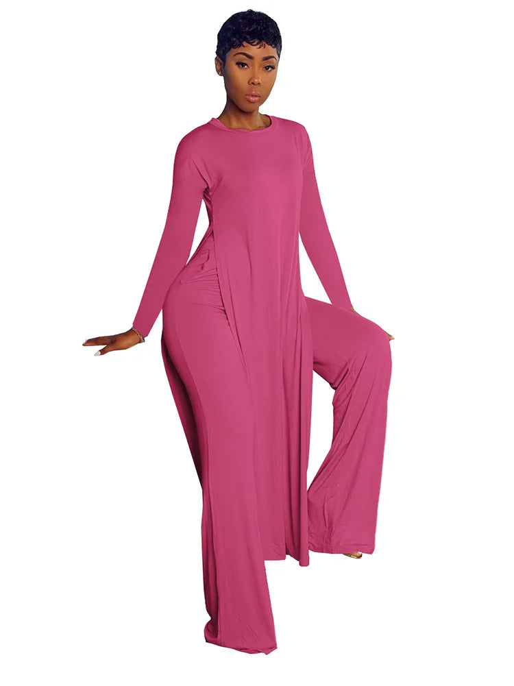 CM.YAYA Solid Classic Women's Set Long Sleeve High Slit X-long Tee Top Straight Pant Suit Tracksuit Fitness Two 2 Piece Outfits-belleandkai.com
