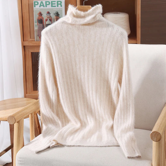 Autumn Winter Solid Color Mink Fur Women's Pile Neck Hollowed Out Slim Fit Knitted Sweater, High Neck Base Pullover, Stylish New-belleandkai.com