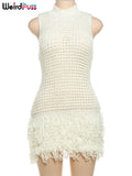 Weird Puss Crochet Dress Women Sexy Chic Y2K Summer Trend Tassel Hem Sleeveless Stretch Fashion Beach Vacation Clubwear Bodycon-belleandkai.com
