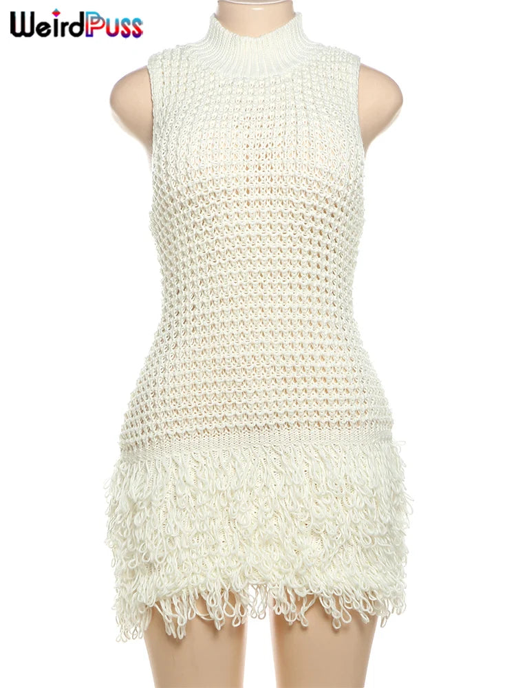 Weird Puss Crochet Dress Women Sexy Chic Y2K Summer Trend Tassel Hem Sleeveless Stretch Fashion Beach Vacation Clubwear Bodycon-belleandkai.com