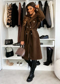 Women's Woolen Coat Autumn Winter Vintage Elegant Double Breasted Trench Coat Women Brown Long Sleeved Midi Windbreaker Jacket-belleandkai.com