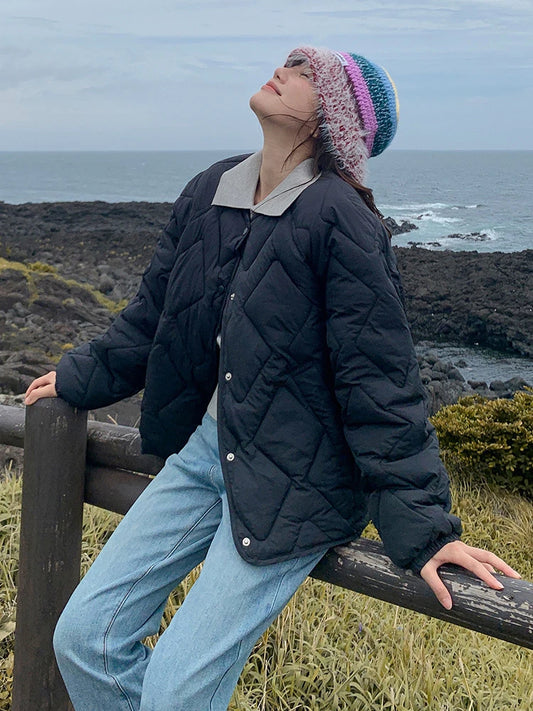 Autumn Winter Quilted Jacket Women Cotton Coat Warm Parkas Single-breasted Long Sleeve Design O-neck Outerwear Black Blue Yellow-belleandkai.com