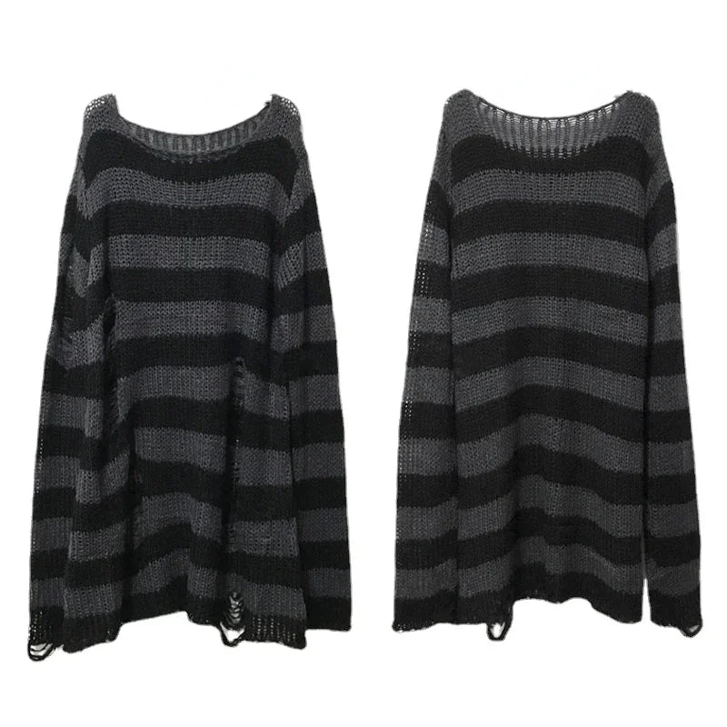 New Streetwear Top Punk Gothic Long Unisex Sweater Summer Women Striped Cool Hollow Out Hole Broken Jumper Loose Rock Thin Dark-belleandkai.com