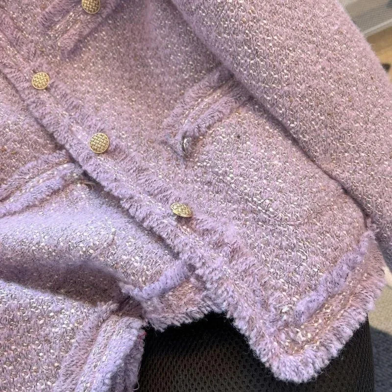 Purple Tweed Jacket Women Vintage O-Neck Metal Single Breasted Cropped Coat Autumn Winter Korean Style Elegant Jackets for Women-belleandkai.com