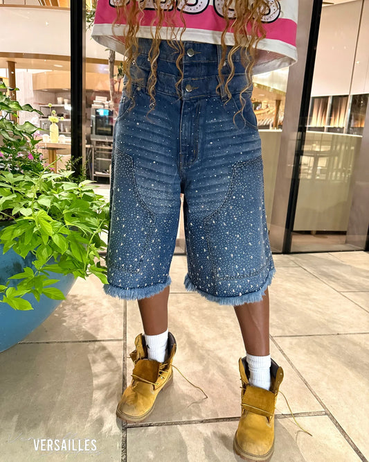 Y2k Street Men Women Double Waisted Retro Rhinestone Denim Shorts Gem Stones Embroidered Jeans Hip Hop Baggy Over The Knee Jorts-belleandkai.com