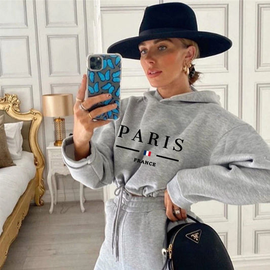 2025 Women Tracksuit Jogging Autumn Hooded Drawstring Short Sweatshirt Suit Daily Simplicity Casual Sportswear Printing Clothing-belleandkai.com