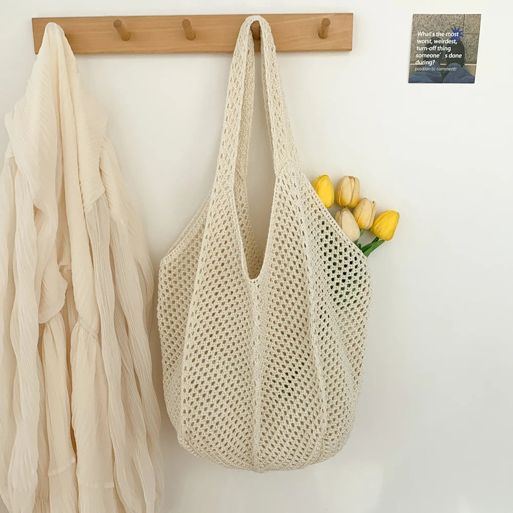 Women Crochet Tote Bag Mesh Beach Bag Large Capacity Fashion Knitted Bag Solid Color Simple Shopping Bag for Travel Vacation-belleandkai.com