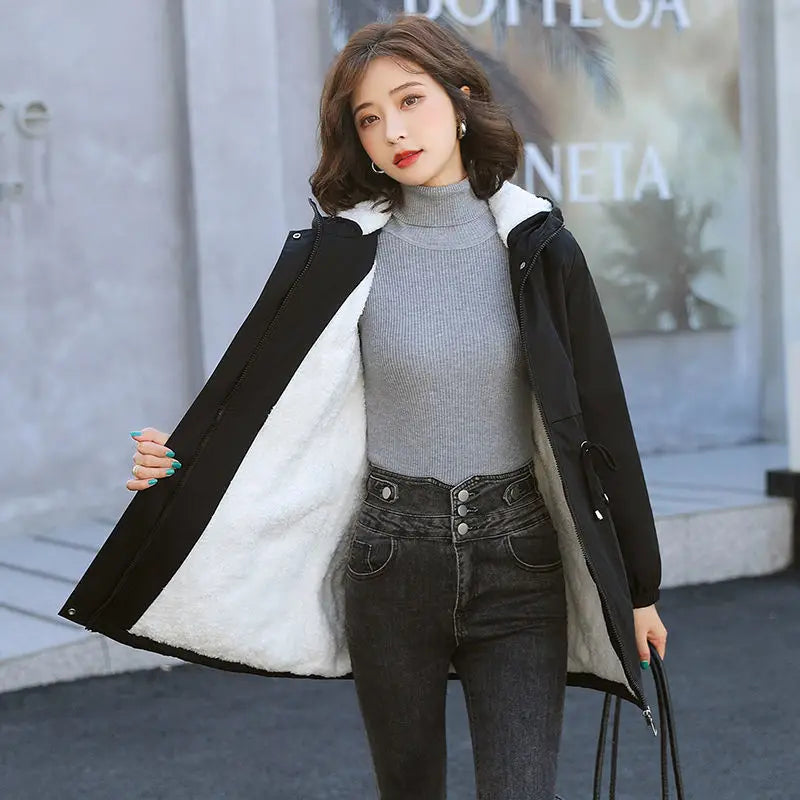 Plus Fleece Women Midi Parkas Autumn Winter Korean Loose Harajuku Thicken Thermal Pockets Drawstring Solid Hooded Trench Coats-belleandkai.com