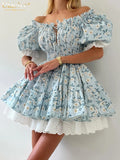 Clacive Summer Slim Print Women's Dress Fashion Slash Neck Short Sleeve Mini Dresses Elegant High Waist Patchwork Female Dress-belleandkai.com