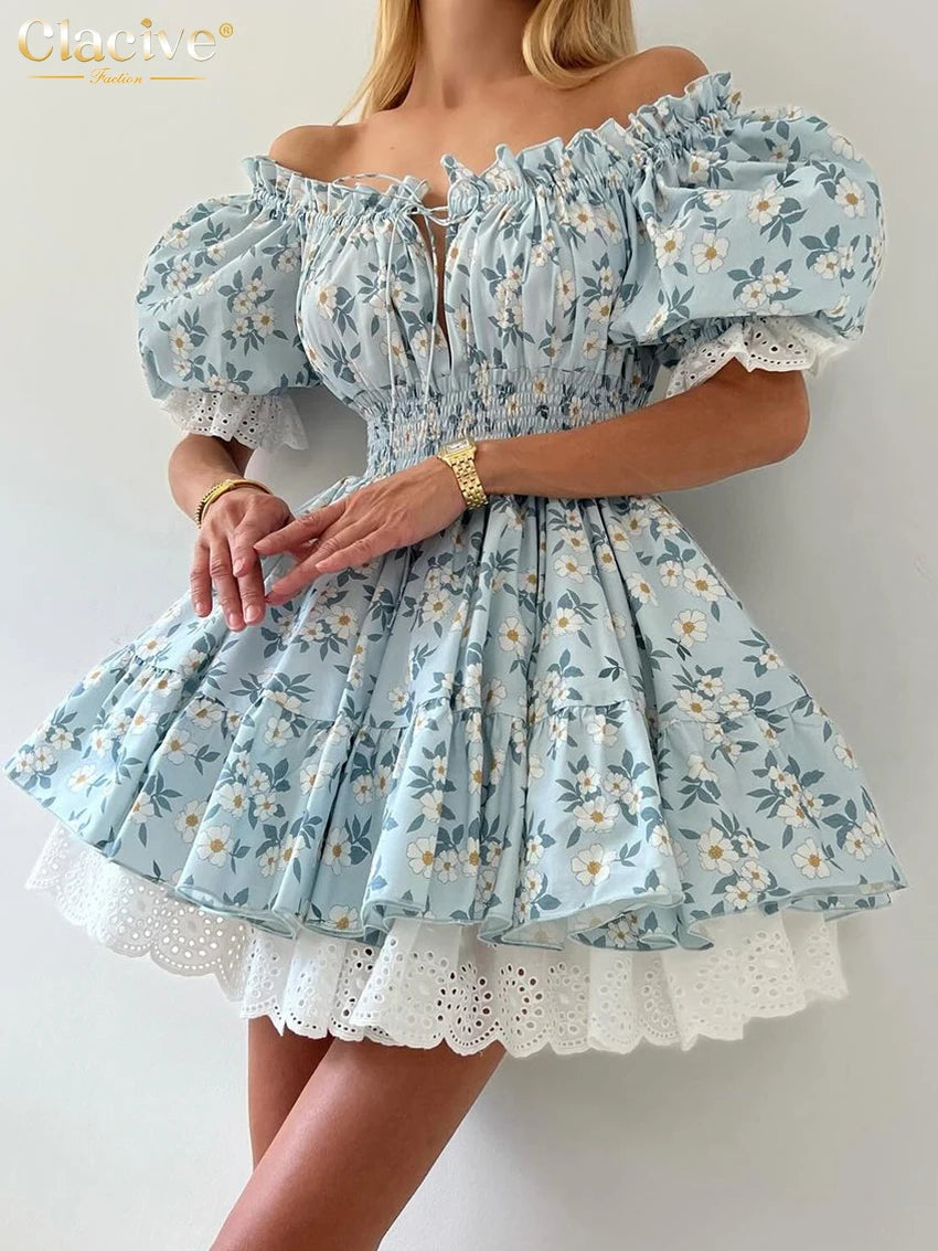 Clacive Summer Slim Print Women's Dress Fashion Slash Neck Short Sleeve Mini Dresses Elegant High Waist Patchwork Female Dress-belleandkai.com