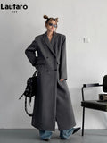 Lautaro Spring Autumn Long Grey Black Trench Coat for Women Double Breasted Loose Casual Korean Fashion Clothing Blazer 2023-belleandkai.com