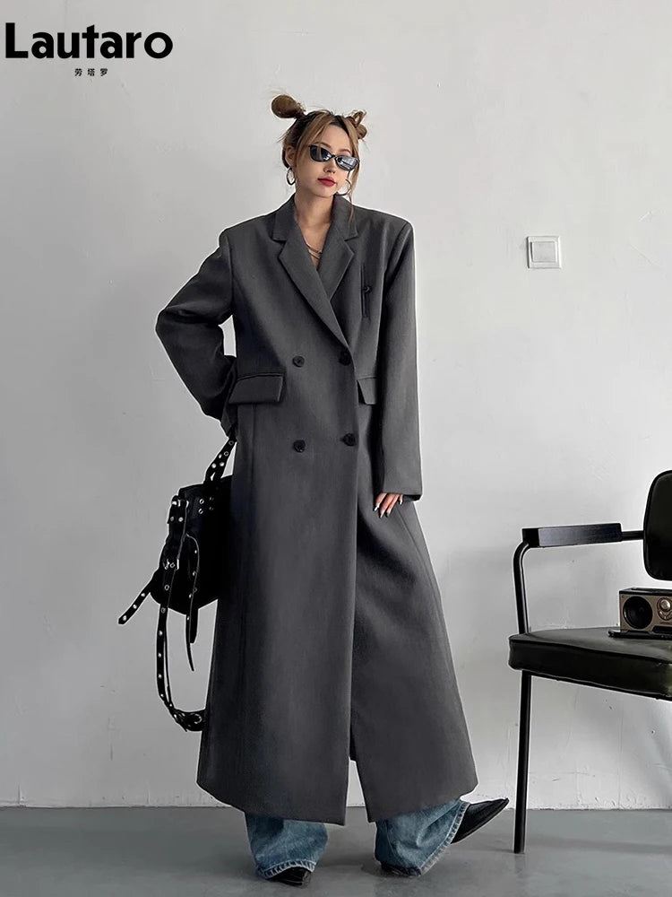 Lautaro Spring Autumn Long Grey Black Trench Coat for Women Double Breasted Loose Casual Korean Fashion Clothing Blazer 2023-belleandkai.com