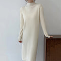 Women Autumn Winter Casual Mock Neck Solid Dress Inner Layer Long Sleeved Knit Dress Loose Mid-Length Versatile Sweater Dress-belleandkai.com