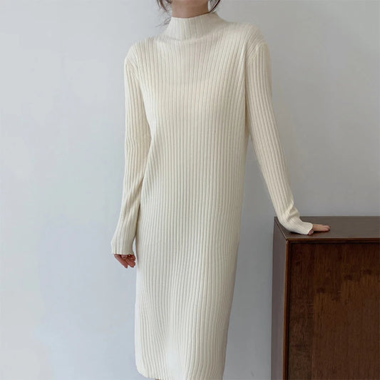 Women Autumn Winter Casual Mock Neck Solid Dress Inner Layer Long Sleeved Knit Dress Loose Mid-Length Versatile Sweater Dress-belleandkai.com