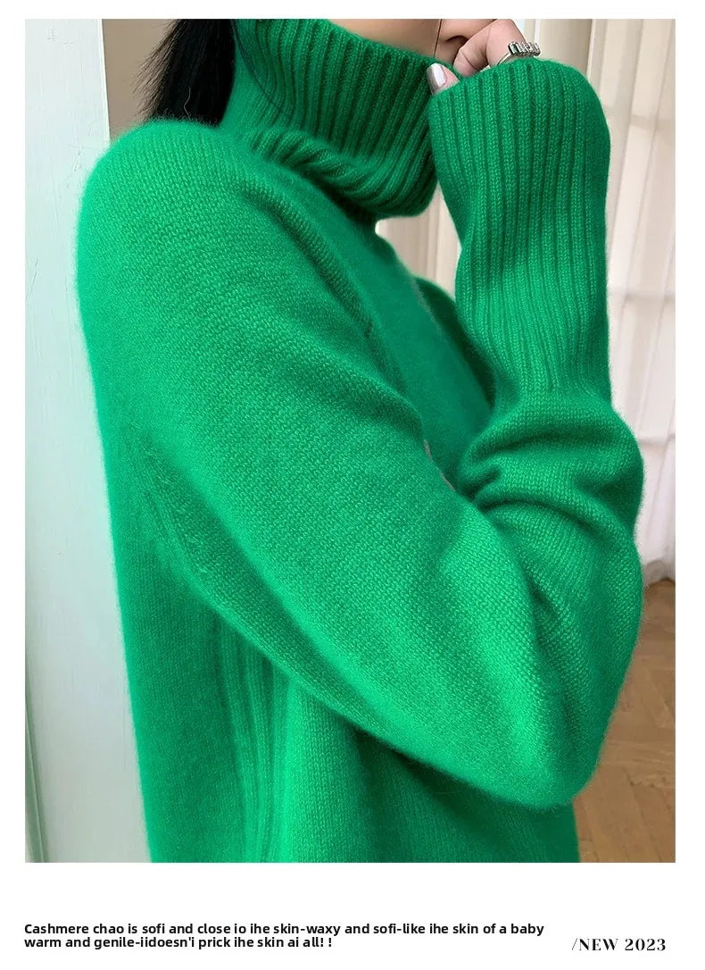 Women's Turtleneck Cashmere Sweater Loose Thickened Pullover Korean Style Lazy Wind Heavy for Autumn Winter-belleandkai.com
