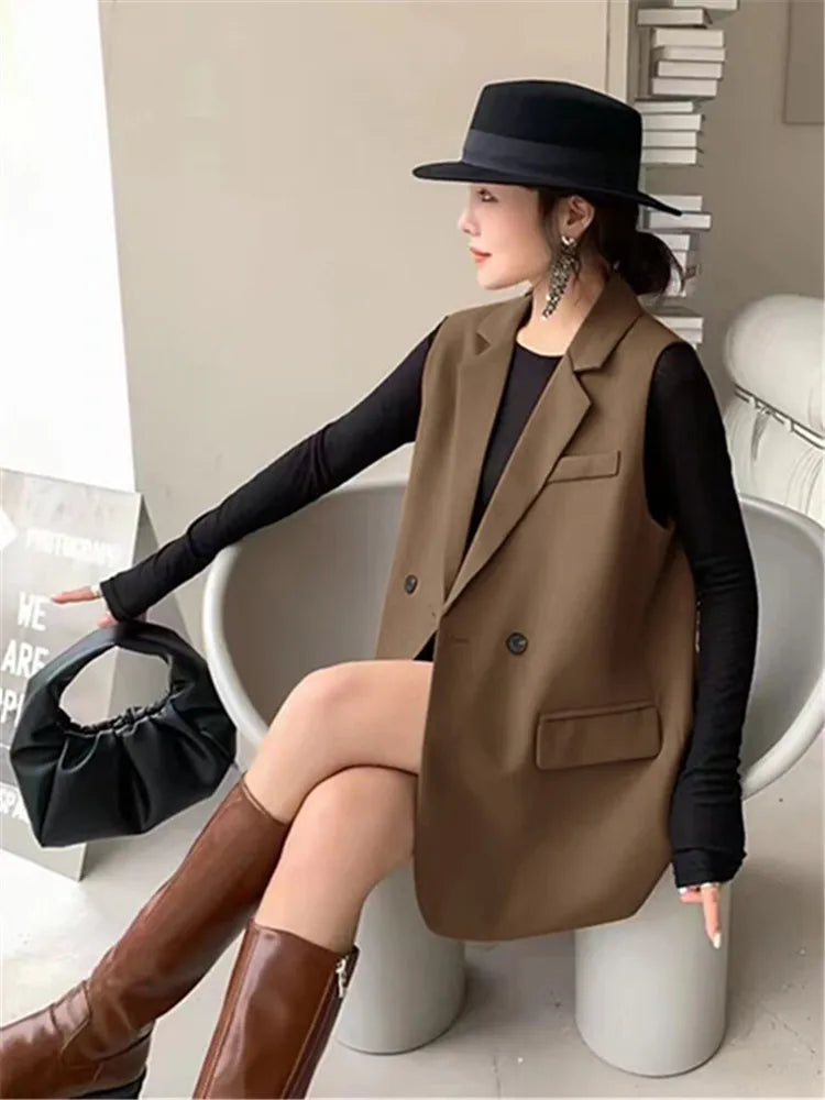 Vintage Sleeveless Blazer Vest Fashion OL Casual Lapel Suit Blazer 2025 Summer Women Office Double Breasted Suit Coats-belleandkai.com