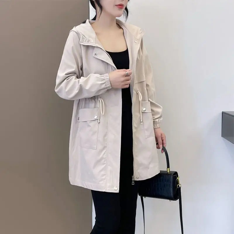 Plus Fleece Women Midi Parkas Autumn Winter Korean Loose Harajuku Thicken Thermal Pockets Drawstring Solid Hooded Trench Coats-belleandkai.com