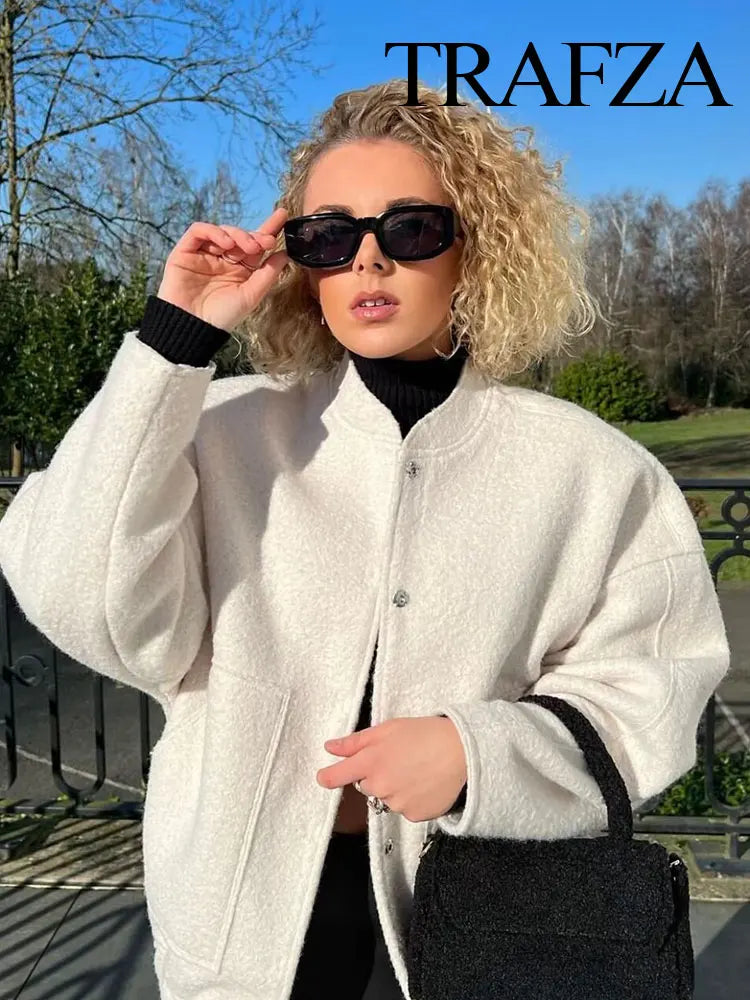 TRAFZA 2025 Women's Winter Street Jacket Solid Color Pocket Single-Breasted Jacket Women's Versatile Casual Jacket Cardigan Top-belleandkai.com