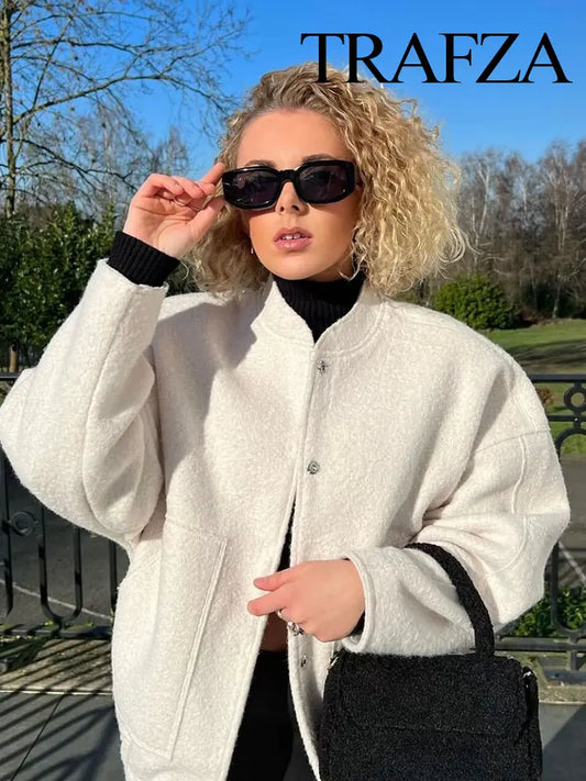 TRAFZA 2025 Women's Winter Street Jacket Solid Color Pocket Single-Breasted Jacket Women's Versatile Casual Jacket Cardigan Top-belleandkai.com